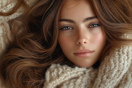 A long brown synthetic fur coat is displayed hanging from a hanger, showing its luxurious texture against a clean white background. The smooth fabric reflects light beautifully.の素材