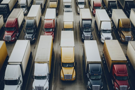 Trucks of various colors and sizes drive along designated paths in a bustling harbor, efficiently transporting goods between shipping containers and vessels during daylight hours.の素材