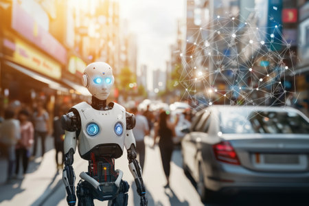 In a vibrant urban setting, a humanoid robot interacts with its surroundings, embodying the convergence of technology and human life.の素材