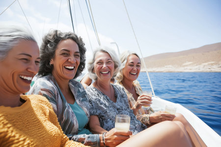 A group of friends shares laughter and raises their cocktails on a luxurious yacht. As the sun sets, the warm golden hues reflect off the sparkling water, creating a picturesque summer evening. The carefree ambiance and joyful expressions highlight the essence of friendship and leisure amidst a stunning backdrop.の素材