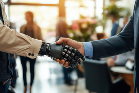 A businessman interacts with a robotic hand while discussing AI tools and chatbot technology in a bustling office environment, showcasing innovative digital advancements.の素材