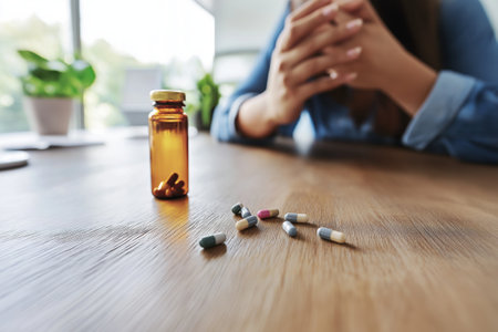 A woman sits at home, thoughtfully contemplating her health. She focuses on the assortment of pills scattered across a wooden table, with a bottle nearby. Natural light floods the room.の素材