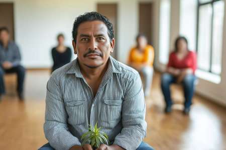 Local farmers and Latino workers gather at a Bakersfield community hall, discussing pressing issues. The mood reflects concern and collaboration as diverse voices contribute.の素材
