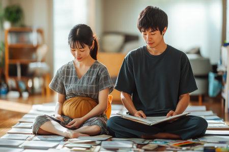 A couple sits together on a wooden floor, focused on arranging photographs. They are surrounded by various printed images, creating a warm and inviting atmosphere in their home.の素材