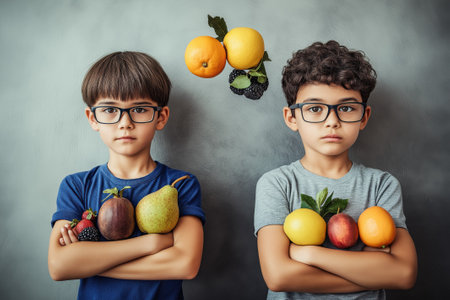 Two twelve-year-old boys, one Asian and one Western, stand with arms crossed, contemplating various fruits represented in a thought bubble above them. The colors are soft and faded.の素材