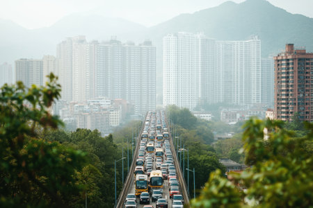 Heavy traffic fills a roadway in Shenzhen city as vehicles crawl along the path. Towering skyscrapers loom in the background, surrounded by lush greenery and misty mountains.の素材