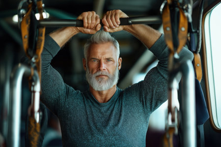 A senior man humorously exercises with determination, gripping the pull-up bar while sporting an engaging smile. The wide-angle perspective highlights the faded colors, creating an amusing atmosphere.の素材