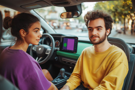 A middle-aged man and a younger woman are exploring the AI dashboard of a self-driving car. Their expressions reflect focus and curiosity about the technology. The interior is modern and well-lit.の素材