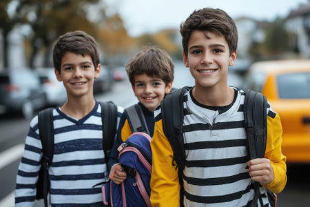 Two parents and two children walk down a city street, each carrying backpacks. The faded colors of the surroundings reflect a calm autumn atmosphere.の素材
