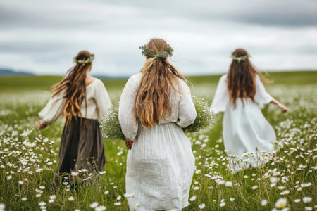 Witches gather around a flickering fire to celebrate Walpurgis Night, dancing with joy under the faded colors of twilight in a magical, serene natural setting.の素材