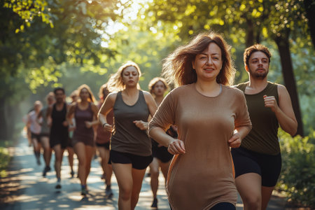 A group of people runs along a sunlit path in a park, enjoying the outdoors while enhancing their physical fitness and building social connections through shared activity.の素材