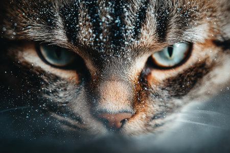 A cat gazes intensely with piercing blue eyes set against a white background. Soft, faded colors surround the feline, creating a serene atmosphere that emphasizes its curious expression.の素材