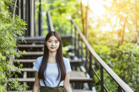 A confident woman stands outdoors, gazing directly at the camera amidst lush greenery. The faded colors create a tranquil atmosphere, highlighting her poise and strength.の素材