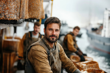 A group of middle-aged fishermen in weather gear secures their boats in a UK coastal village, showing concern and determination as storm Eowyn approaches.の素材