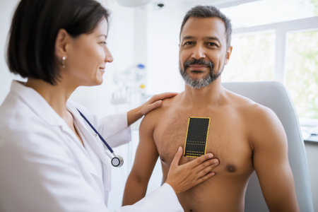 Doctors in a contemporary Chinese healthcare facility leverage AI-powered devices to enhance patient treatment. The environment is bright, clean, and advanced, reflecting modern medicine.の素材