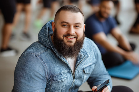 In a cozy apartment living room, a young athletic man sits on a fitness mat, enjoying his time using a workout application on his phone. His warm smile reflects satisfaction and engagement.の素材