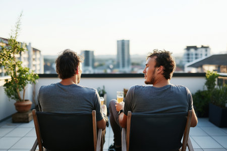 A young couple unwinds on a chic rooftop terrace, sipping drinks while taking in warm sunset views over the city skyline.の素材
