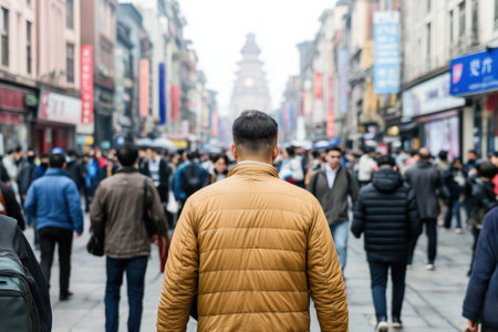 Residents actively engage with AI-powered devices in a bright, futuristic cityscape featuring clean streets and innovative designs.の素材