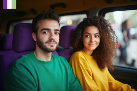 A middle-aged man and a younger woman analyze an advanced dashboard in a self-driving vehicle, showcasing the future of transportation.の素材