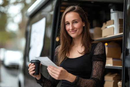 Entrepreneur carefully inspects inventory levels in a coffee trailer while enjoying a cup, ensuring high-quality beverages for customers.の素材
