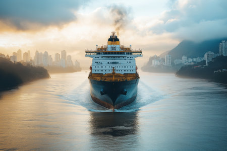 A large ship moves through a calm waterway surrounded by city buildings, shrouded in early morning fog and soft light.の素材