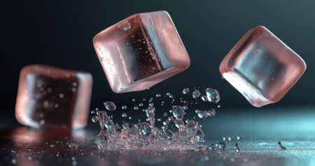 Three rectangular ice blocks with a frosted texture are suspended above water, creating dynamic splashes in a serene atmosphere.の素材