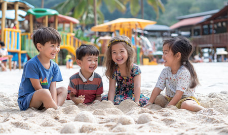 Four children laugh and play while creating sand art on a warm beach with colorful playground equipment nearbyの素材