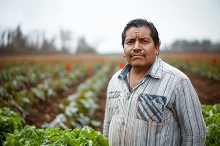 A middle-aged farmer stands in his unharvested fields, his expression revealing concern as he gazes into the distance. Soft backlighting enhances the emotional gravity of the moment.の素材