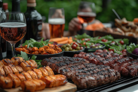 Friends gather in a sunny backyard to celebrate with delicious food and refreshing drinks.の素材