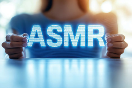 Hands hold a glowing sign that spells ASMR, highlighting its role in relaxation and sensory experiences for stress relief.の素材
