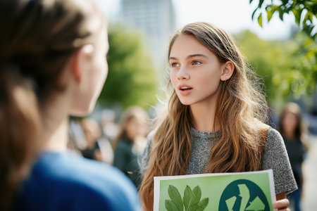 A group of young adults gathers in a park to advocate for environmental protection and encourage sustainability practices among peers.の素材
