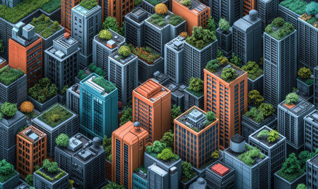 This digital artwork showcases a bustling futuristic city filled with colorful skyscrapers and lush rooftop gardens.の素材