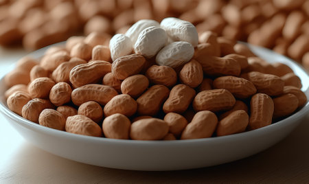 A generous mound of white shelled peanuts is beautifully arranged on a white plate, highlighting their natural texture and color.の素材