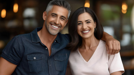 A happy black senior couple shares a hearty laugh in a bright urban space, showing their joy and connection.の素材