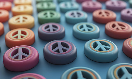 Bright and cheerful pattern showcases rainbow peace signs arranged uniformly on a vivid blue backdrop, creating a lively effect.の素材