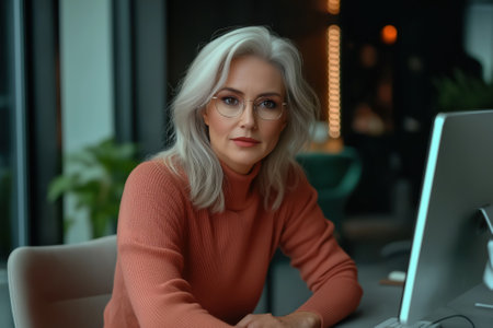 In a contemporary office, a mature professional is focused on their work, using trifocal glasses to enhance multitasking. The person appears engaged, holding a pen and gazing at the screen.の素材