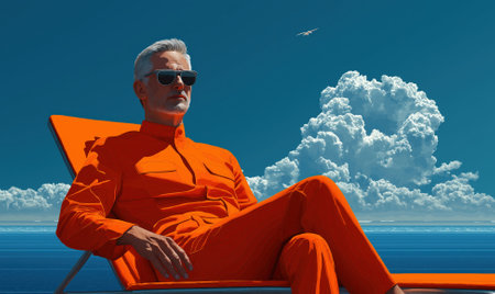 A senior man in a bright orange outfit is relaxing on a sun lounger by the seaside. With sunglasses on, he enjoys the warm sun and peaceful atmosphere, surrounded by blue waters and fluffy clouds.の素材