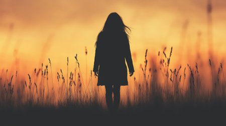 A girl stands alone in tall grass at sunset, her silhouette contrasting with the vibrant sky, creating a peaceful scene.の素材