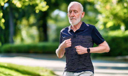 A senior man runs actively in a park, focusing on fitness and heart health. The environment is bright and has lush greenery surrounding it, showing a beautiful day for exercise.の素材