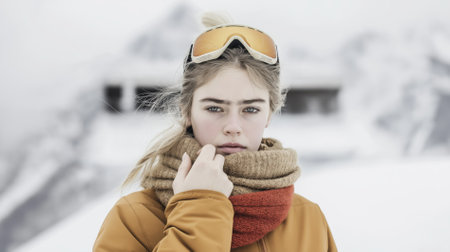 A female skier poses confidently in colorful ski attire, her scarf wrapped snugly around her.の素材