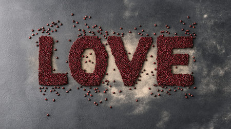 Red beans and sand are arranged to form the word love, highlighting artistic creativity and cultural expression in Asia.の素材