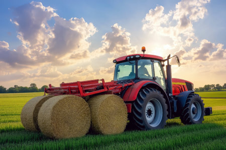 A red tractor skillfully lifts round hay bales against a striking sunset, with fluffy clouds and a tranquil countryside landscape. The scene evokes feelings of peaceful rural life and hard work.の素材