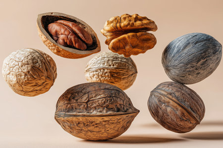 Levitation of assorted nuts showcases their intricate textures and earthy colors against a light beige background. The bright, high-resolution setting evokes feelings of tranquility and freshness, ideal for food marketing.の素材