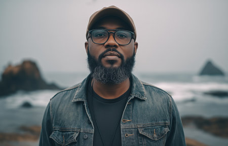 Ruwan stands confidently among rugged sea rocks, gazing into the distance. The ocean waves gently lap against the shore, creating a peaceful atmosphere.の素材