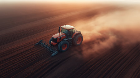 A combine harvester operates in expansive farmland during sunset, creating a striking contrast against the vibrant sky. Dust trails rise as it collects crops, showcasing agricultural activity.の素材