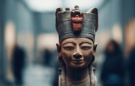 An exquisitely carved ancient Chinese artifact stands prominently in a museum, capturing the attention of visitors.の素材