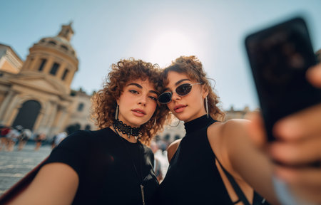 Two friends showcase their stylish outfits while taking a selfie in a bustling urban environment.の素材