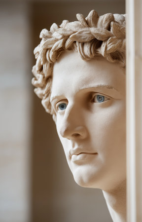 Julius Caesar stands confidently in full Roman military attire, adorned with a laurel wreath, portraying leadership and a neutral expression, ideal for educational resources.の素材