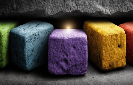 Colorful square tiles in vibrant shades form a geometric pattern under soft lighting. The textured surface adds depth and visual interest to the arrangement.の素材