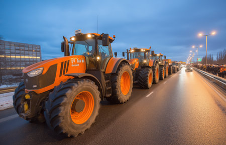 Farmers maneuver tractors along a city highway during a protest, aiming to draw attention to their cause as dusk settles in.の素材